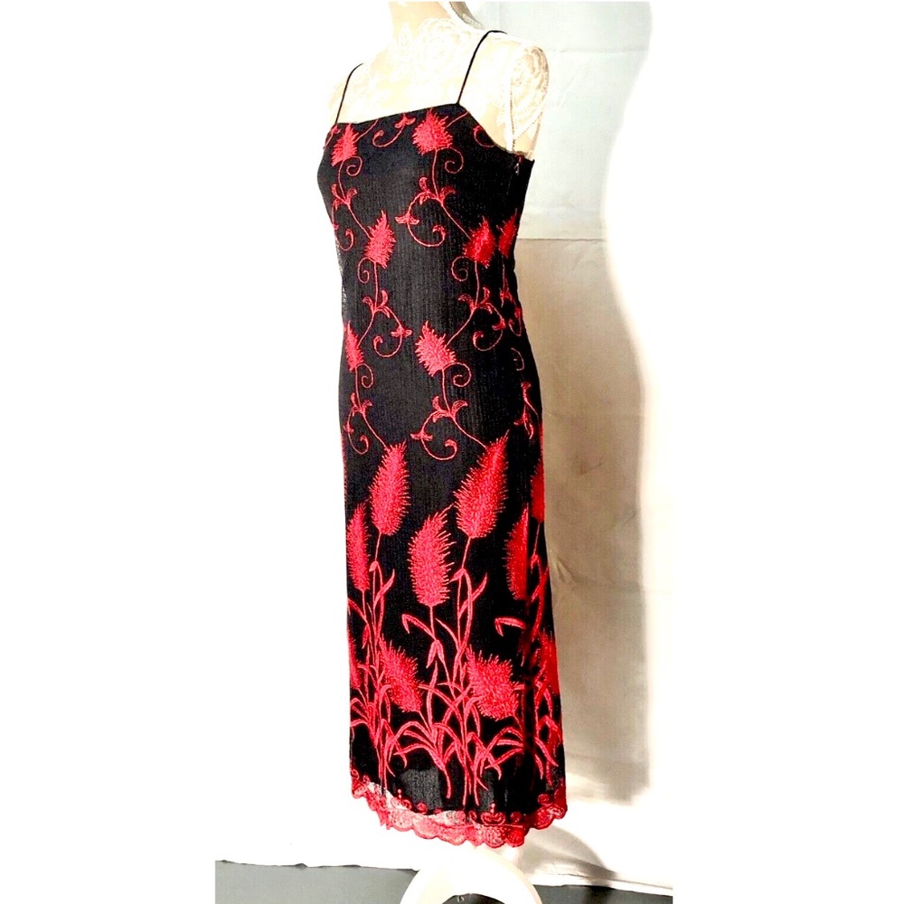 Y2K Francesca Caretti Black Red Floral Embroidered A-Line Midi Cocktail Dress~4~ - Picture 3 of 12